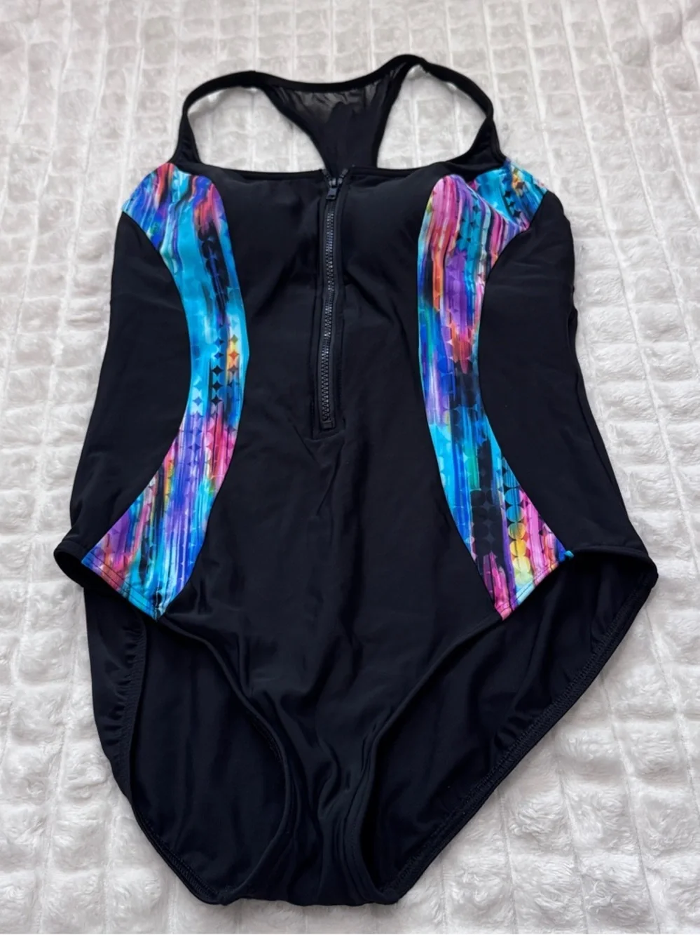 Miraclesuit 16 Black One Piece Swimsuit w/ Color Detail Zip Front Slimming